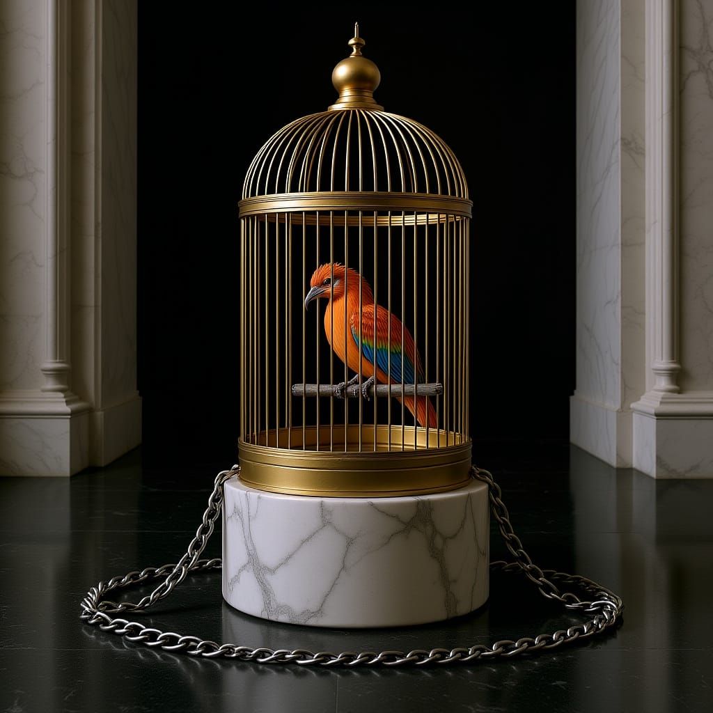 Sad Fire Phoenix Trapped in Golden Bird Cage