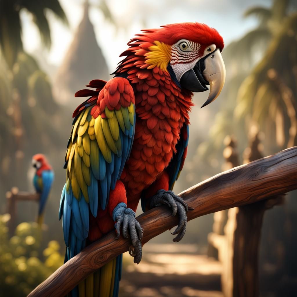 Macaw Parrot Portrait with Wooden Leg, Detailed Art