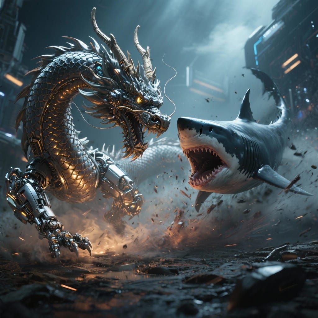 Dragon Battles Giant Shark in Sci-Fi Epic