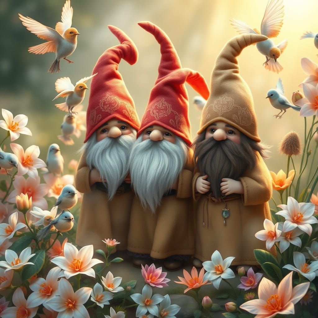 Whimsical Gnomes in Lush Floral Garden with Soft Feathered B...