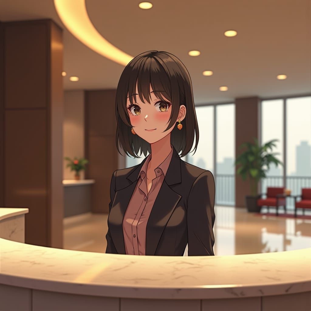 Anime Style Hotel Receptionist in Elegant Lobby