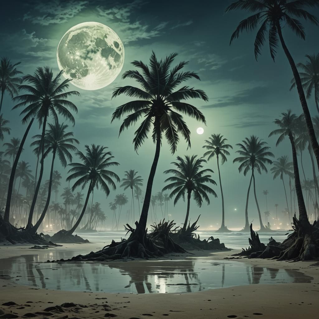 Moonlit Beach with Twisted Trees in Surreal Style