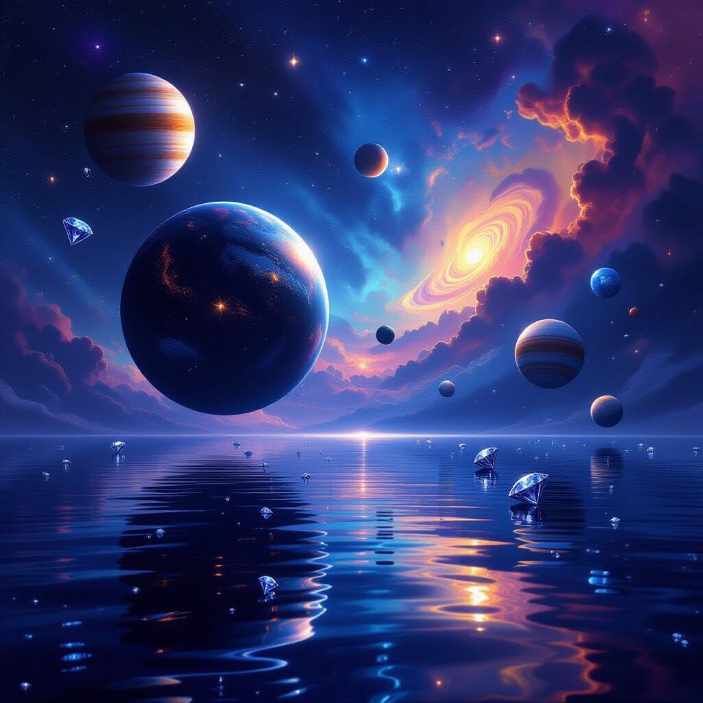 Cosmic Vista: Reflective Planet in Surreal Celestial Mirror