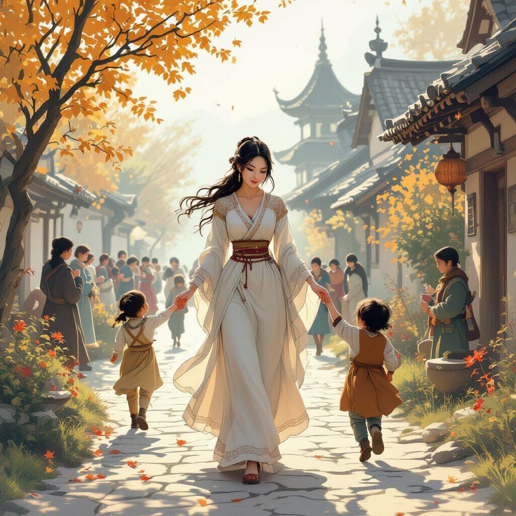 Elegant Woman in Village with Glowing Aura