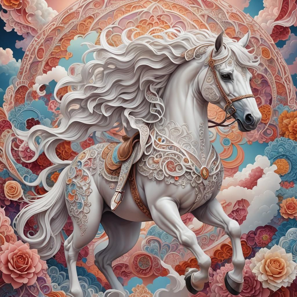 Radiant Fractal Art: Woman on White Horse