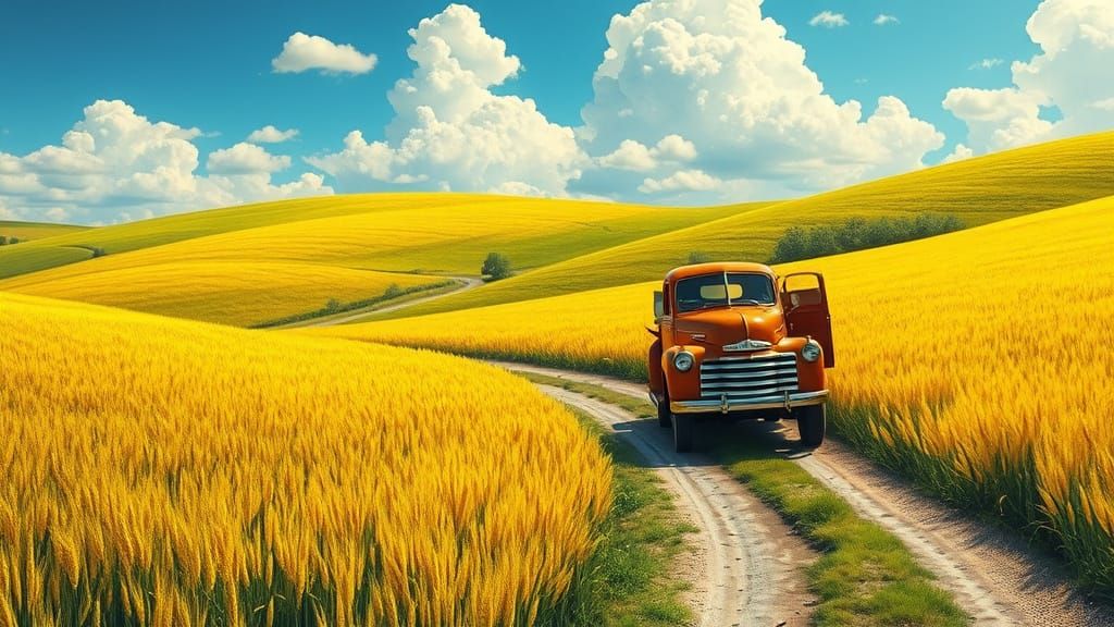 Vintage Truck Amidst Golden Barley Field