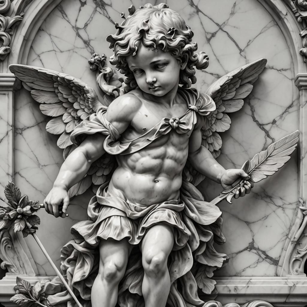 Realistic Cupid Marble Statue Charcoal Drawing