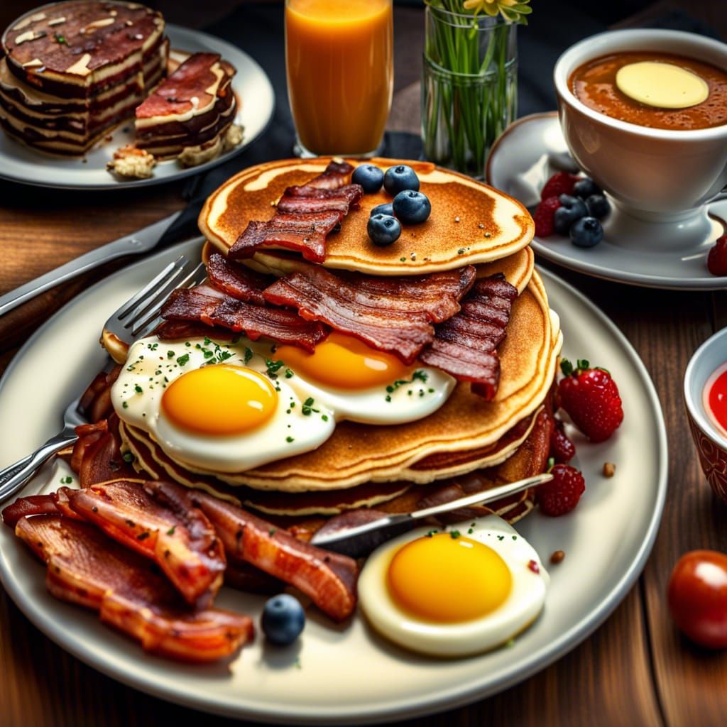 Breakfast Feast: Pancakes, Eggs, and Chocolate Cake