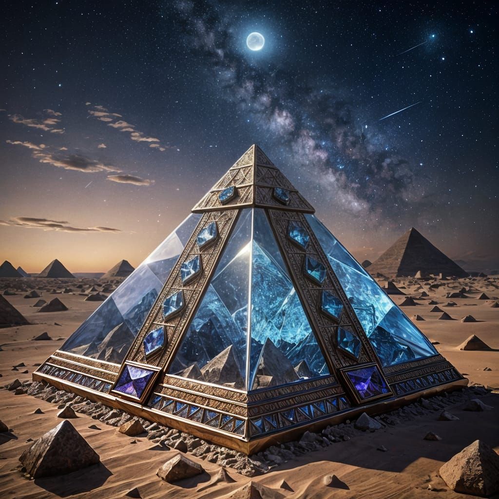 Crystal Pyramid with Gemstones in Desert Night
