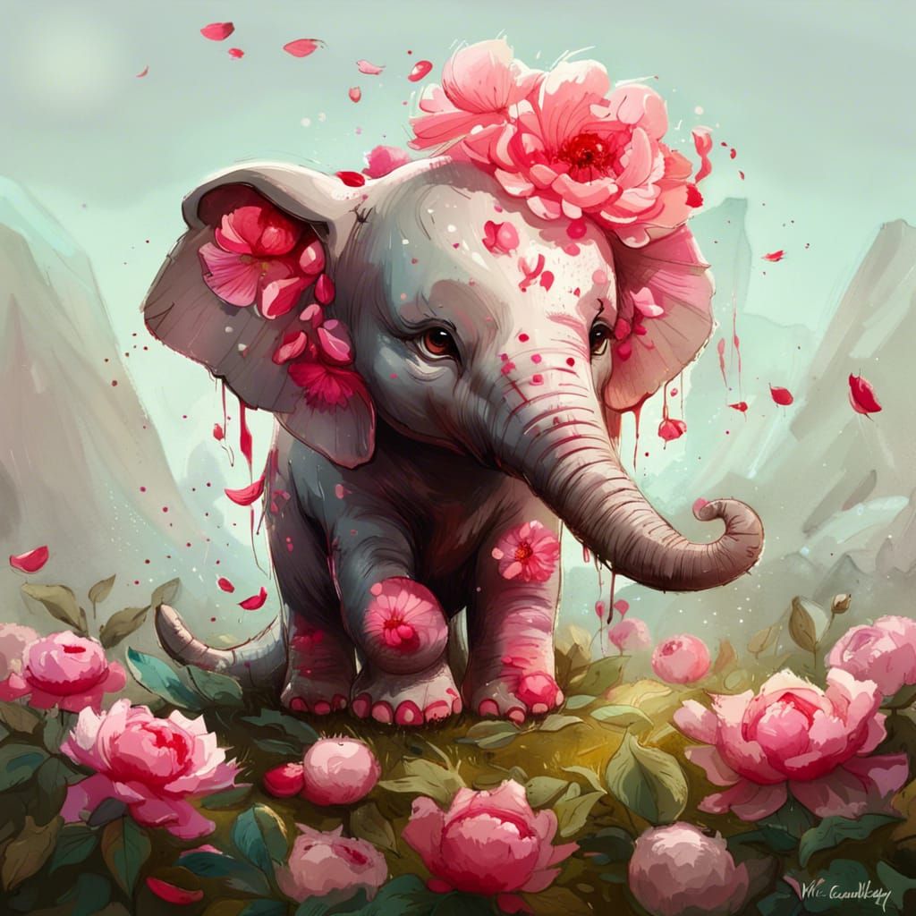 Chibi Elephant in Peonies: Detailed Splash Art