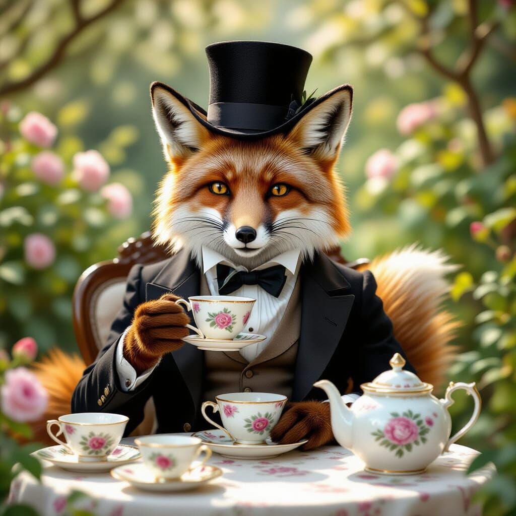 Victorian Fox Enjoys Tea in Sun-Drenched Garden