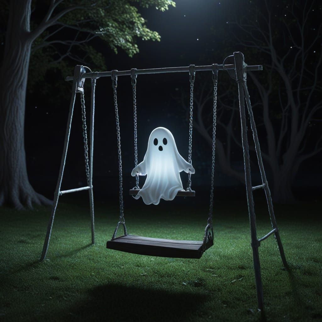 Ethereal Ghost on Swingset at Night in Dark Fantasy Style