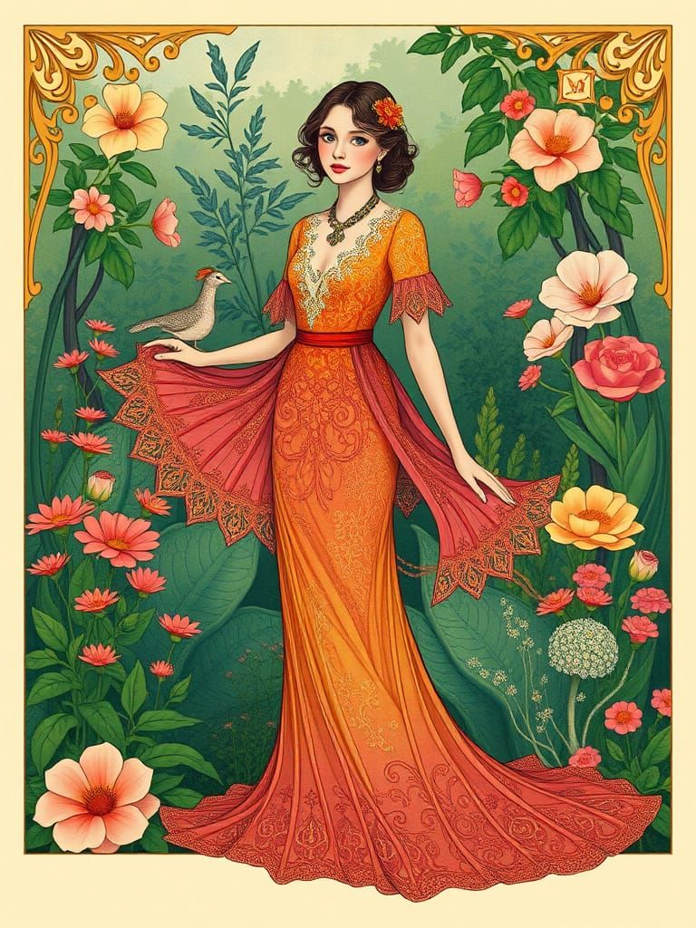 Woman in Fan Dress, Art Nouveau Style