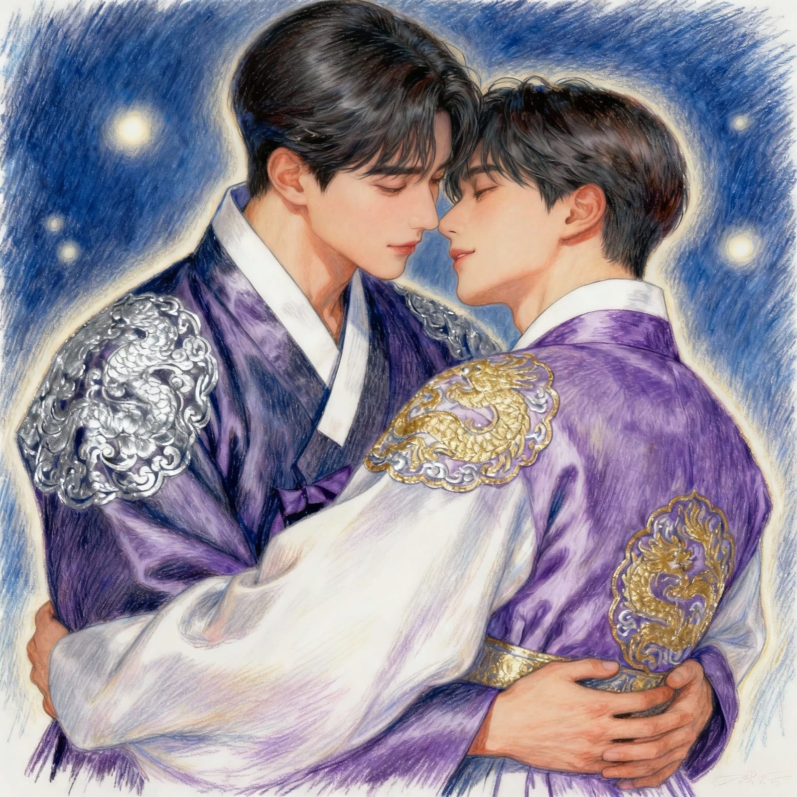 Two Men in Loving Embrace in Detailed Hanboks