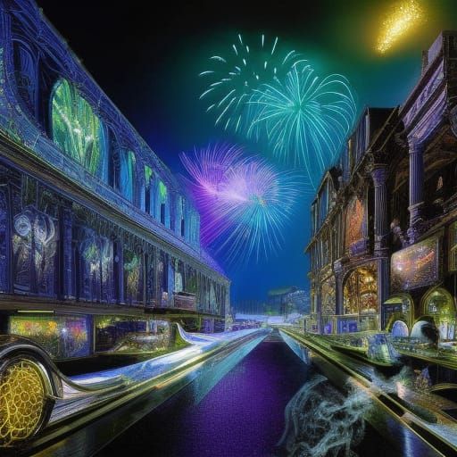 Holographic Fireworks in Hyperdetailed Digital Illustration