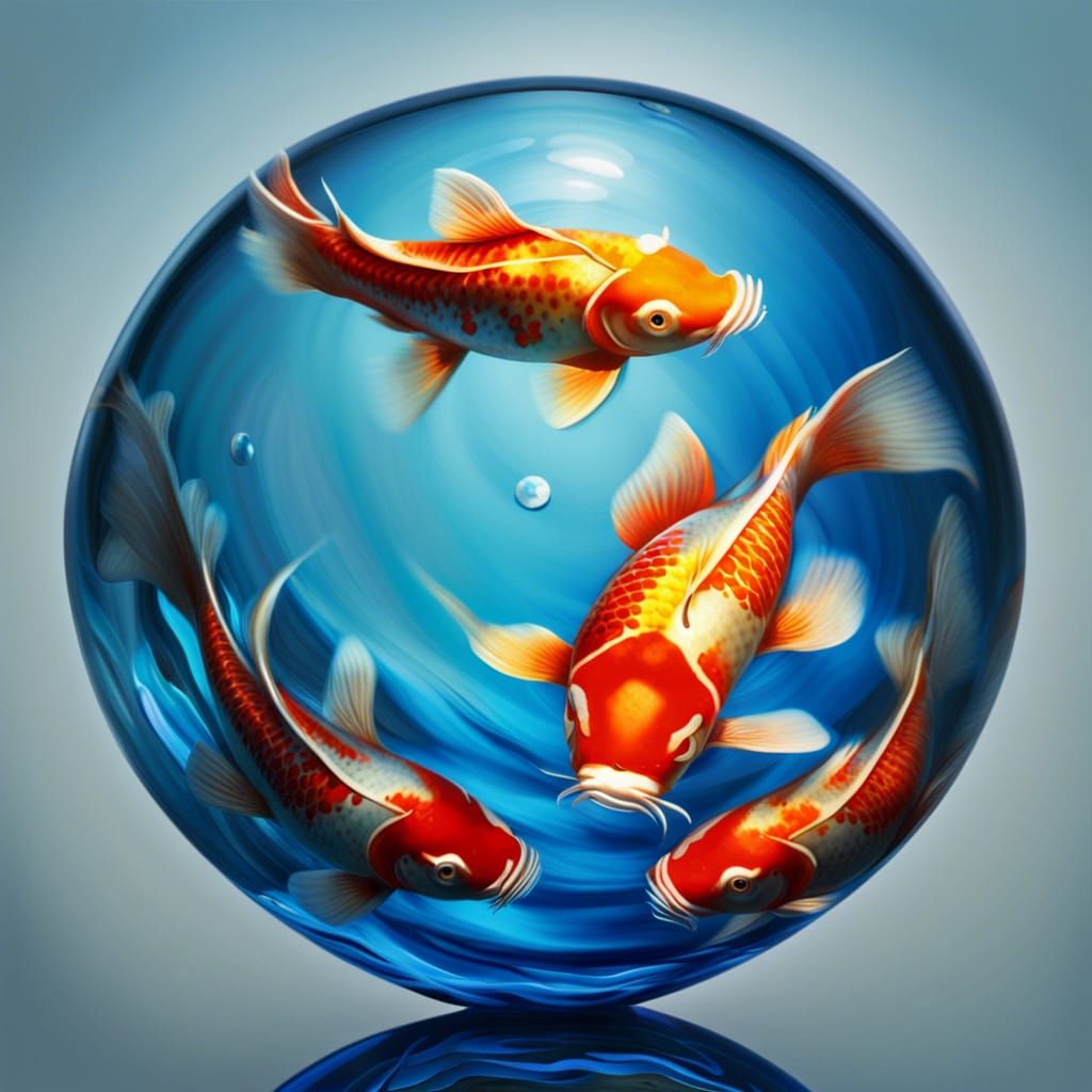 Koi Carp Swimming in Blue Glass Sphere: Hyperrealism
