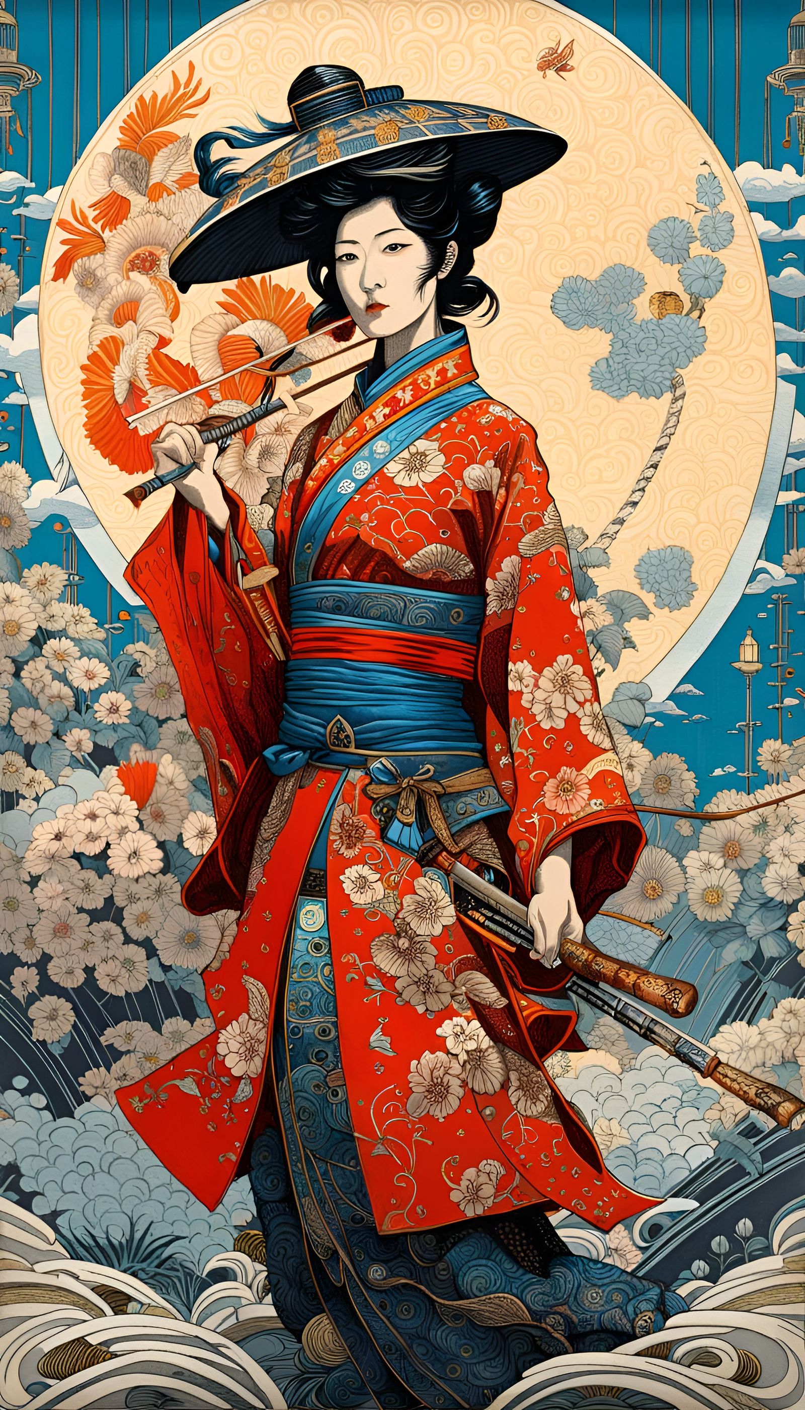 Futuristic Aquarius Samurai in Chinoiserie Style