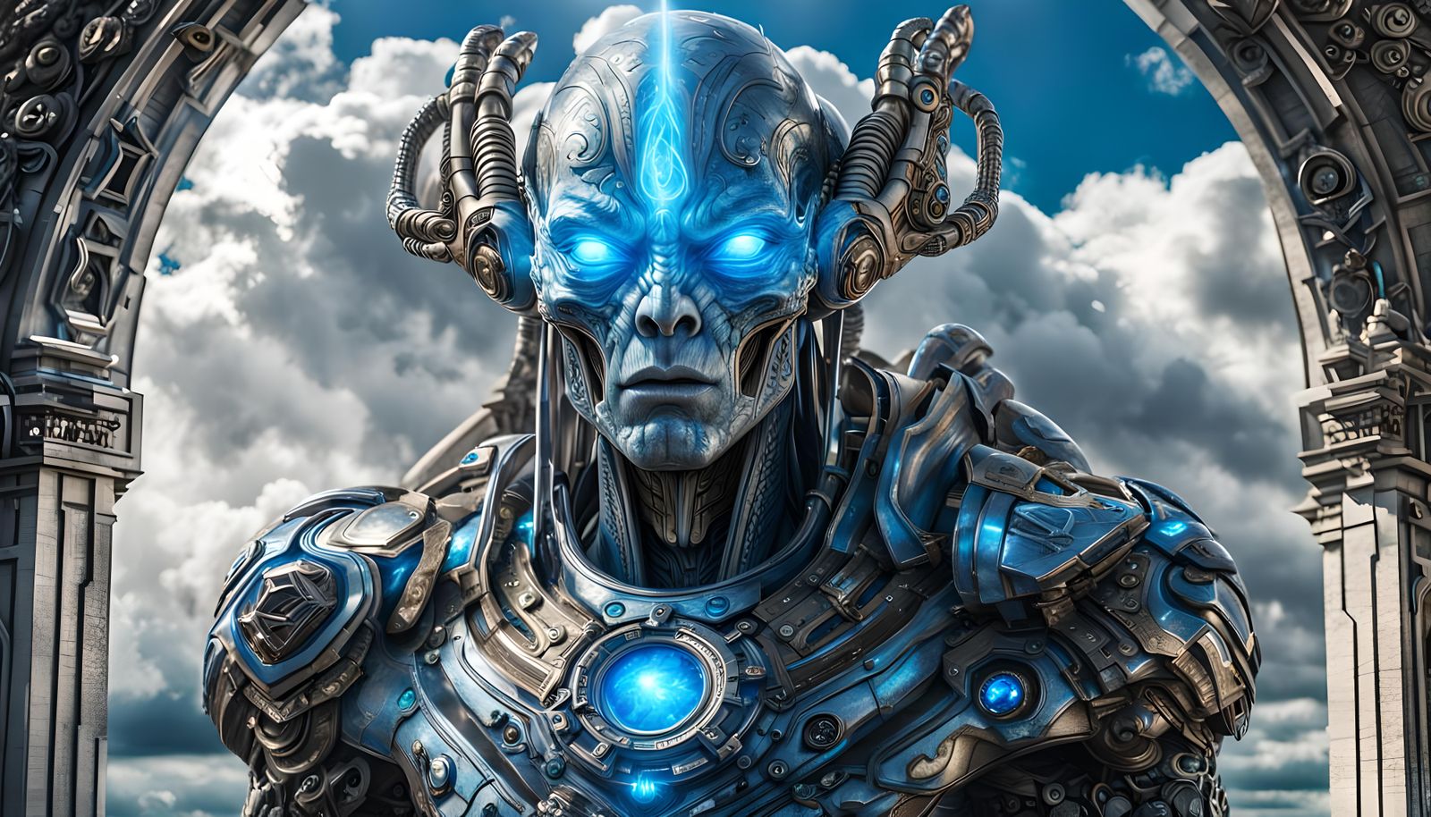 Cyborg Alien Guarding Time Portal with Energy Sword