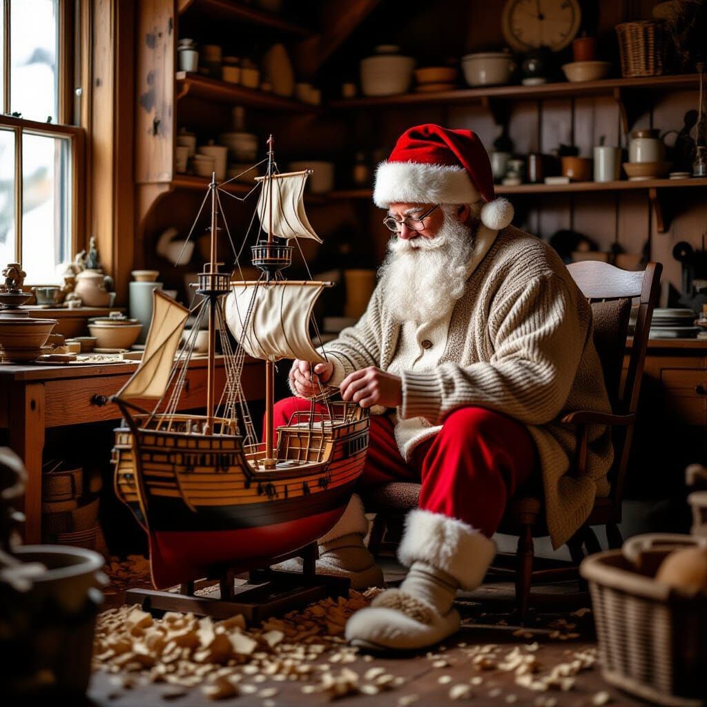 Santa Claus Assembling Model Ship in Cozy Workshop