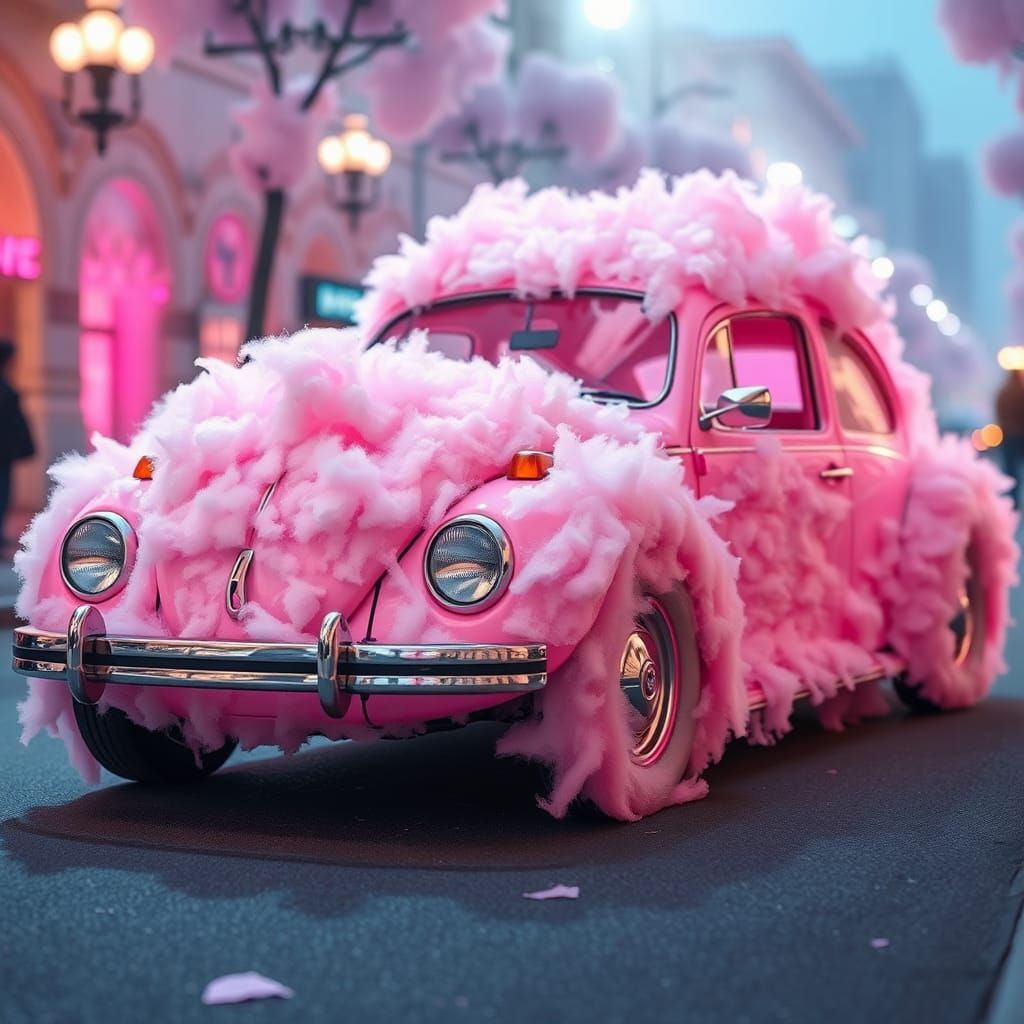Cotton Candy VW Beetle in Dreamscape: Digital Art
