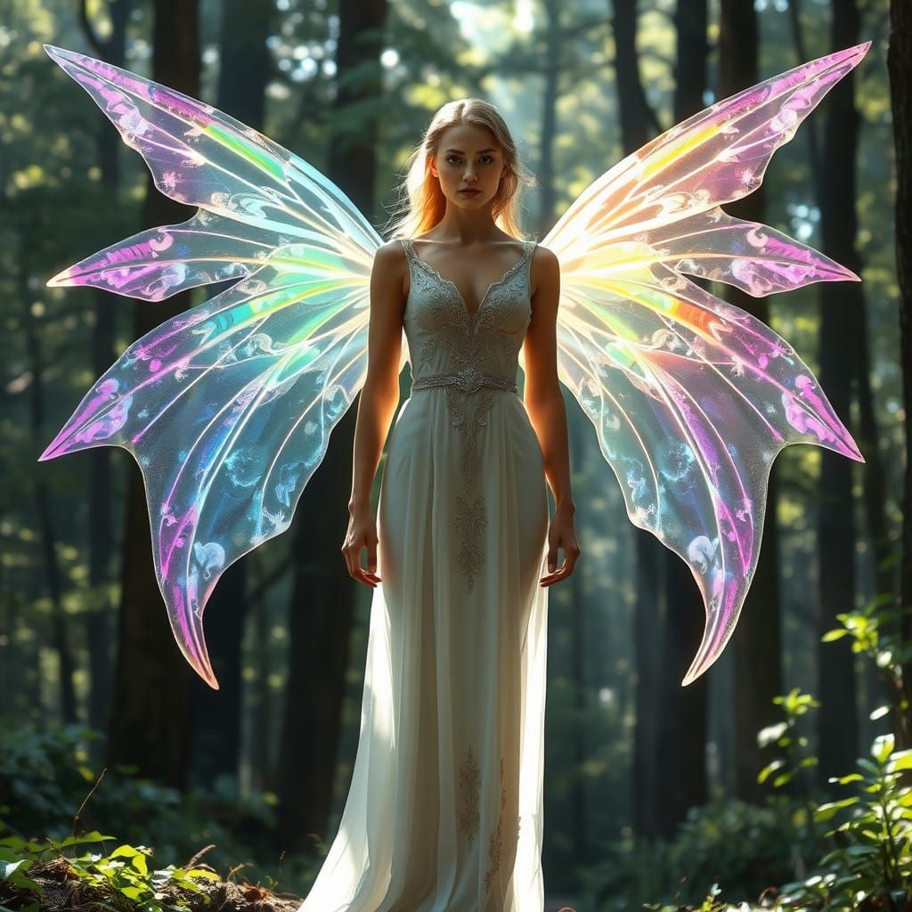 Serene Elven Figure with Rainbow Wings in Mystical Forest