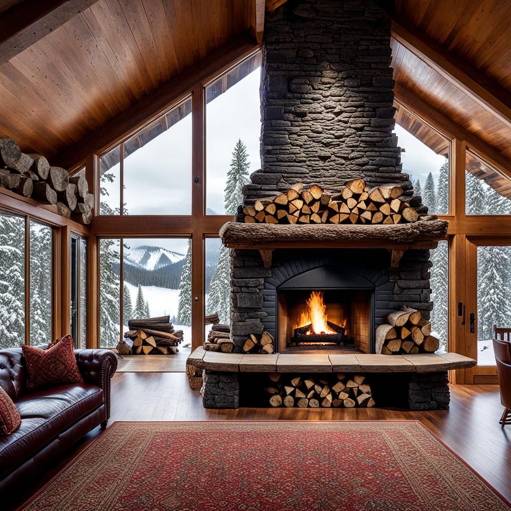 Roaring Fire in Stone Fireplace with Window