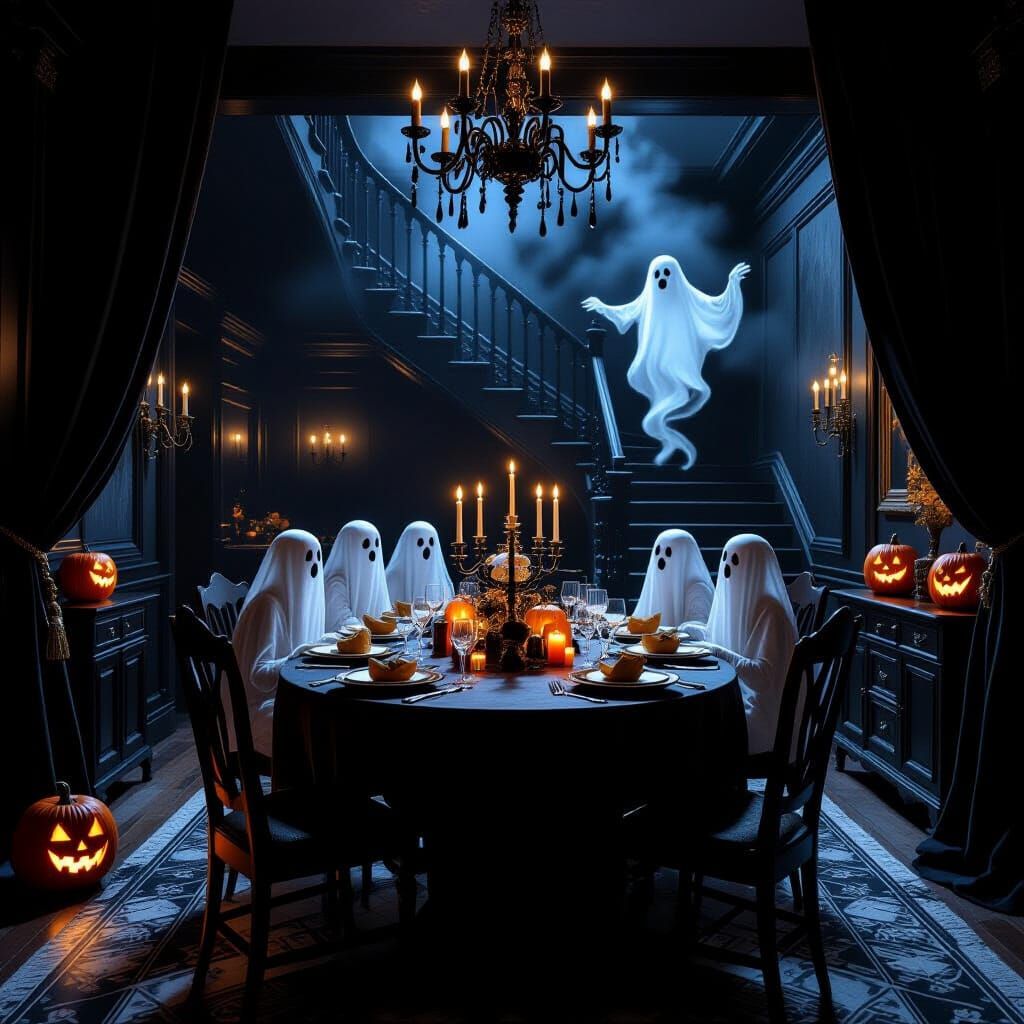 Haunted Dining Room with Ghost Guests and Jack O Lanterns