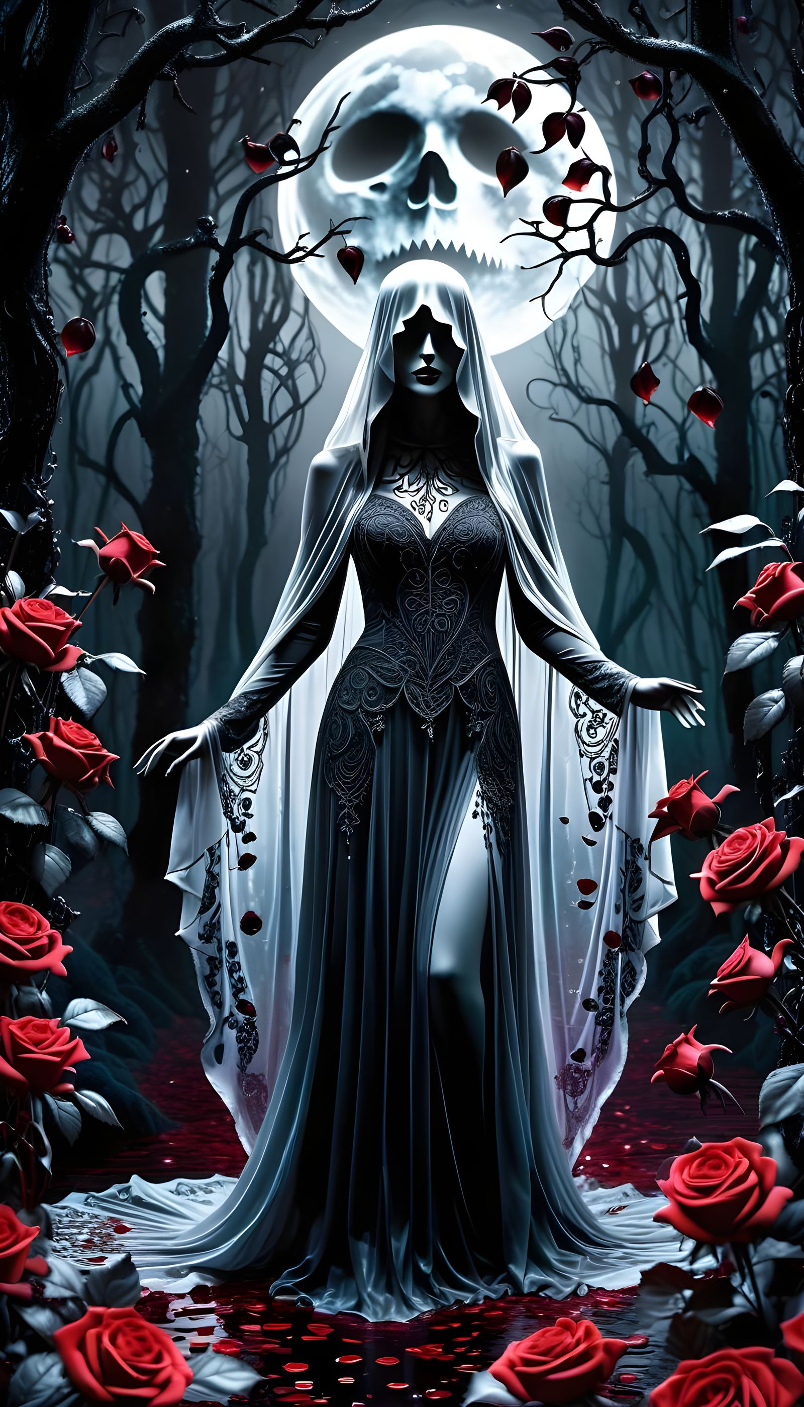 Ethereal Ghost Among Black Roses in Gothic Horror Style