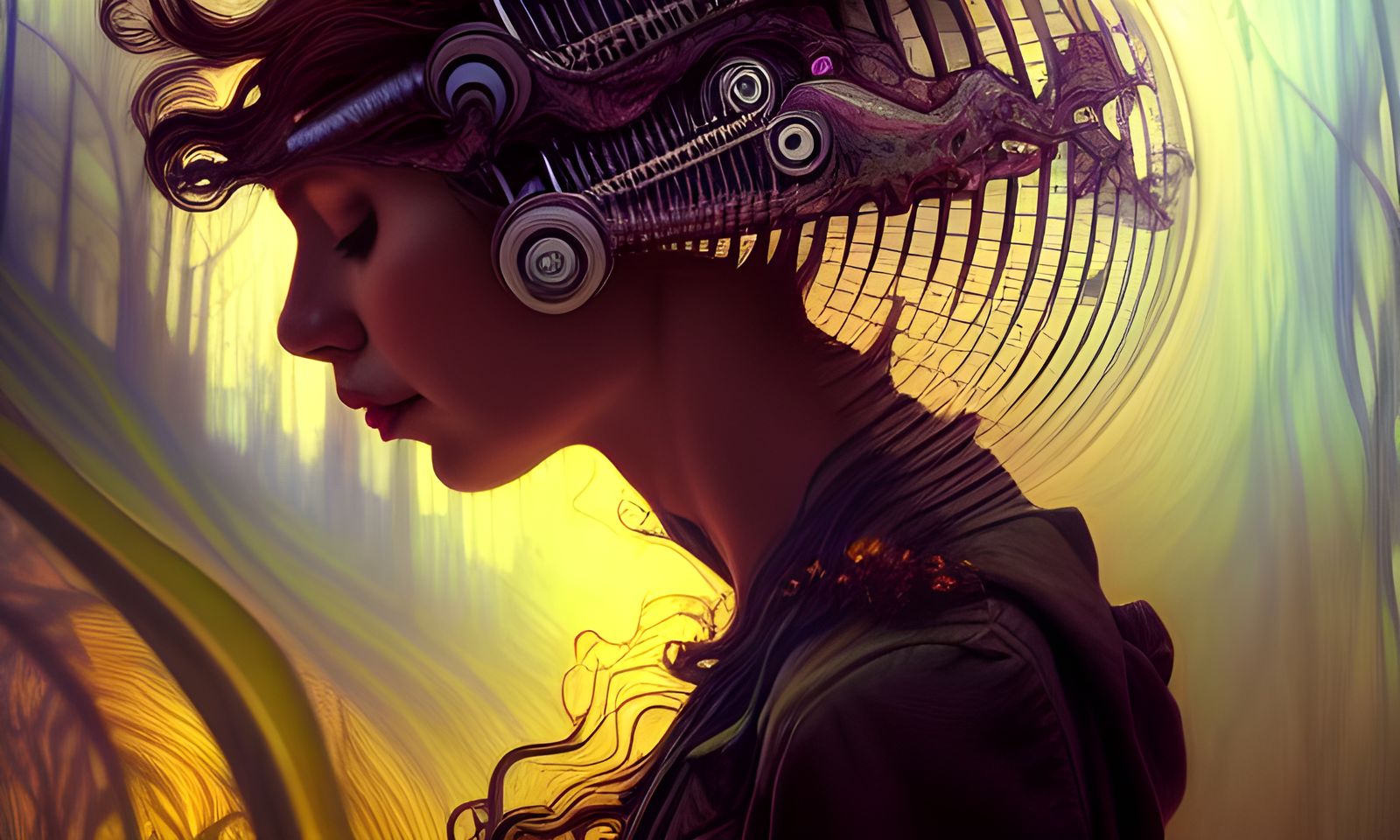 Surreal Trumpet Player Merging with Nature