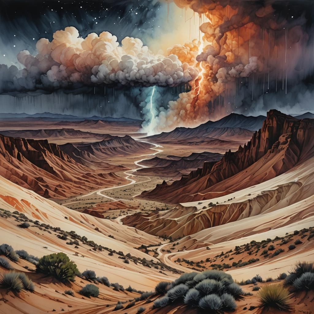 Desert Sandstorm with Electrical Phenomena in Fantasy Art St...
