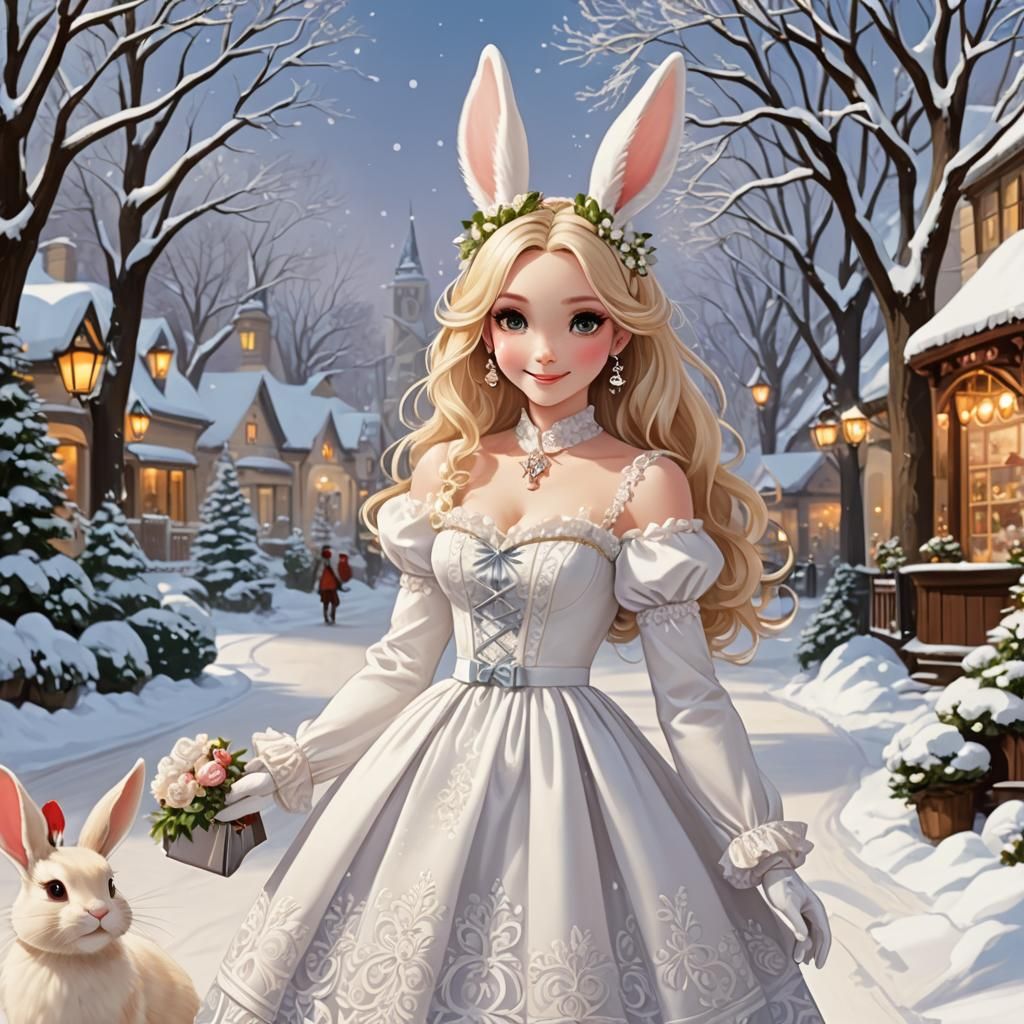 Elegant Bunny Princess Shopping in Winter Wonderland