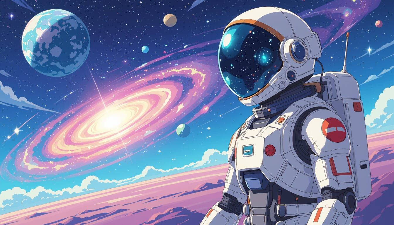 Cosmos Robot & Putin Explore Galaxy in Vibrant Anime Style