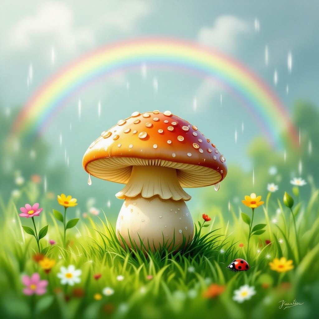 Whimsical Mushroom After Rain with Rainbow