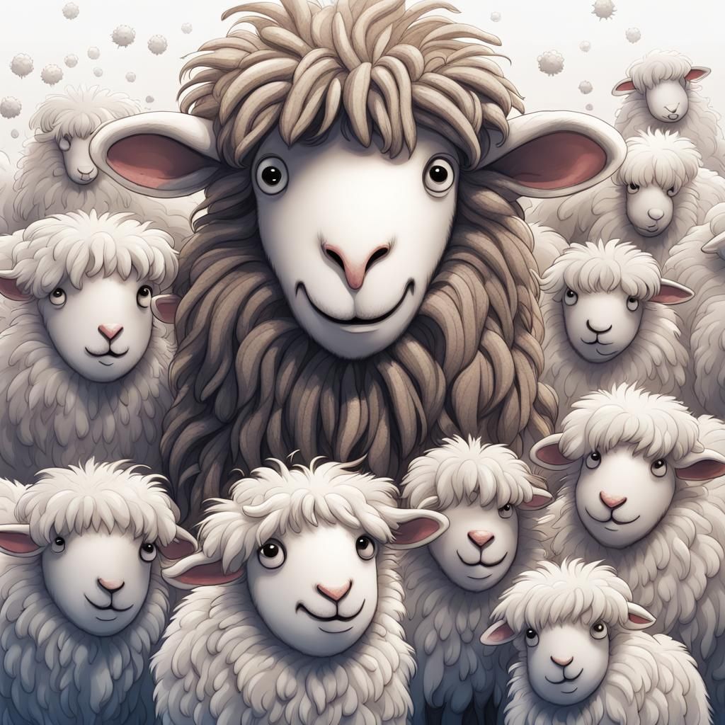 Happy Shaggy Sheep Pencil Drawing