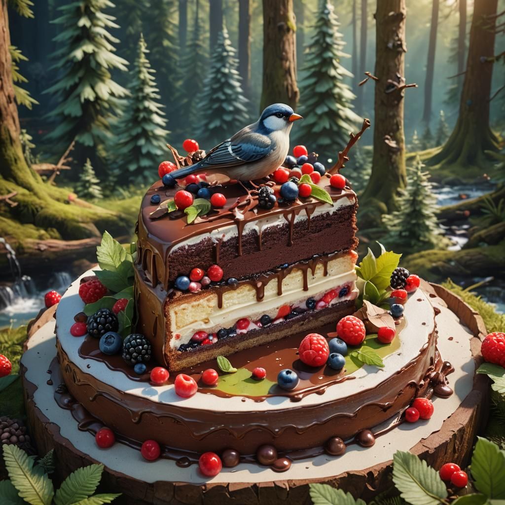 Bird in Cake Slice: Hyperrealistic 3D Forest Scene