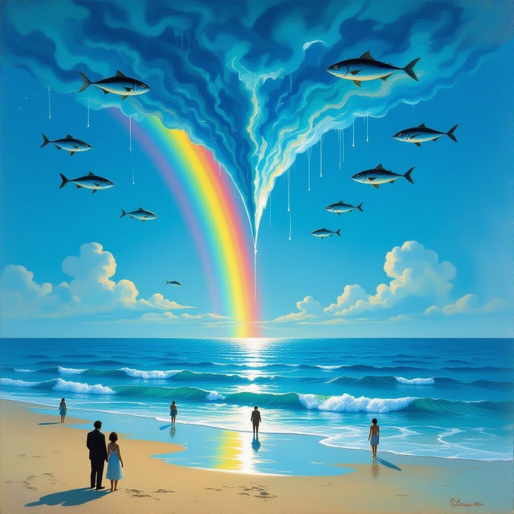 Surreal Ocean Above: Waves Float in Sky, Fish Swim Overhead