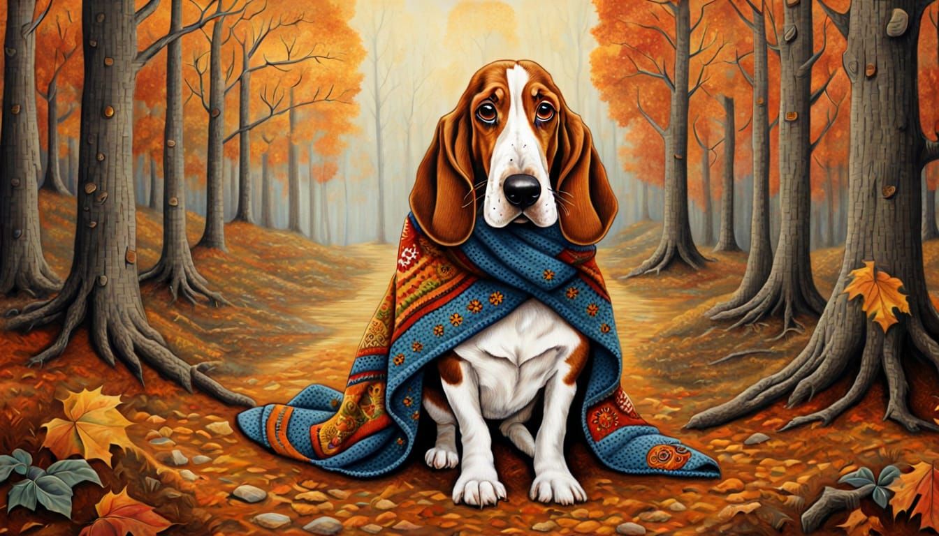Basset Hound in Patterned Jumper and Robe, Autumn Scene