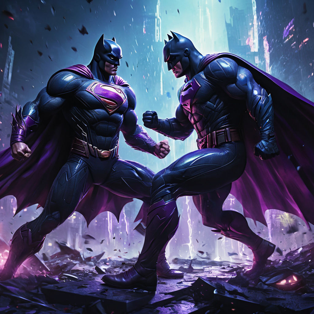 Epic Dark Fantasy Art of Superman and Batman in Glowing Purp...