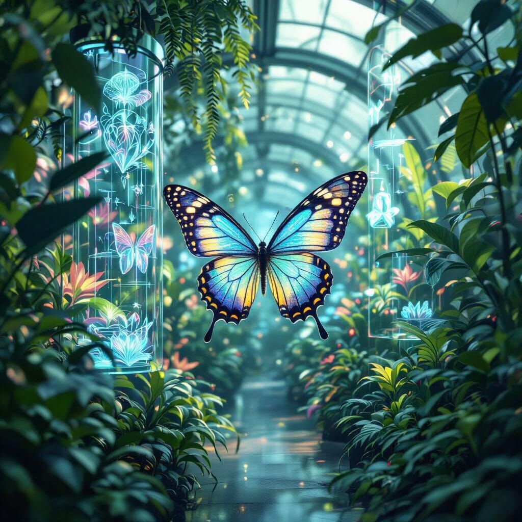 Bioluminescent Butterfly in Futuristic Greenhouse: Neon Biol...