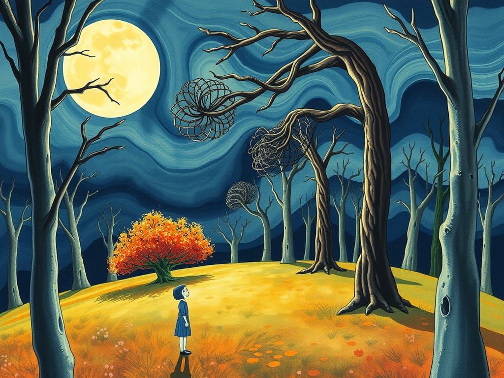 Scary Moonlit Deciduous Forest in Watercolor Style