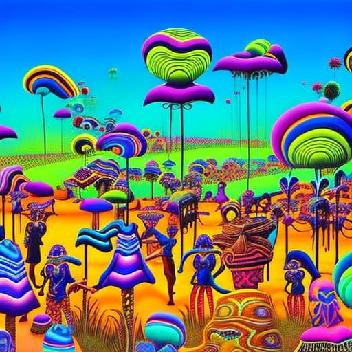 Psychedelic Hippie Gathering in Bioluminescent Neon