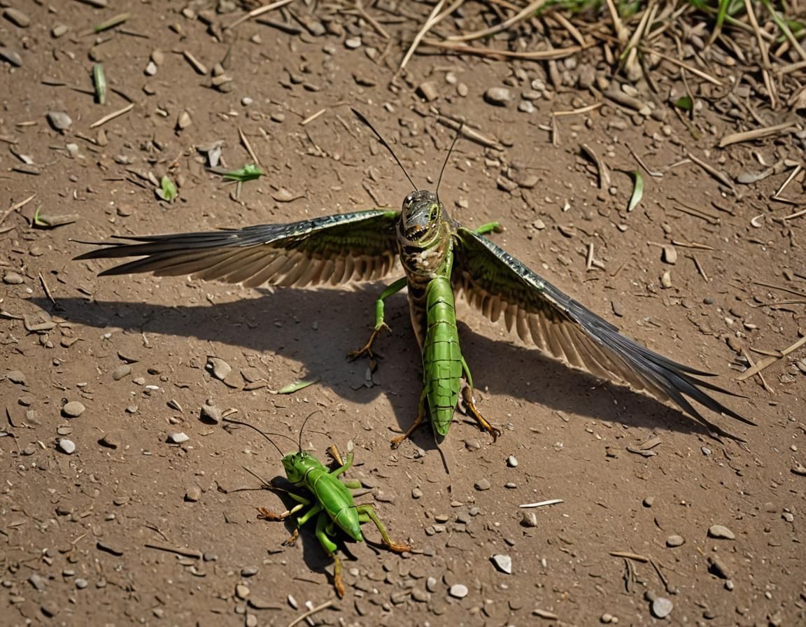 Lizard-Headed Hawk Hunting Grasshopper, Digital Art