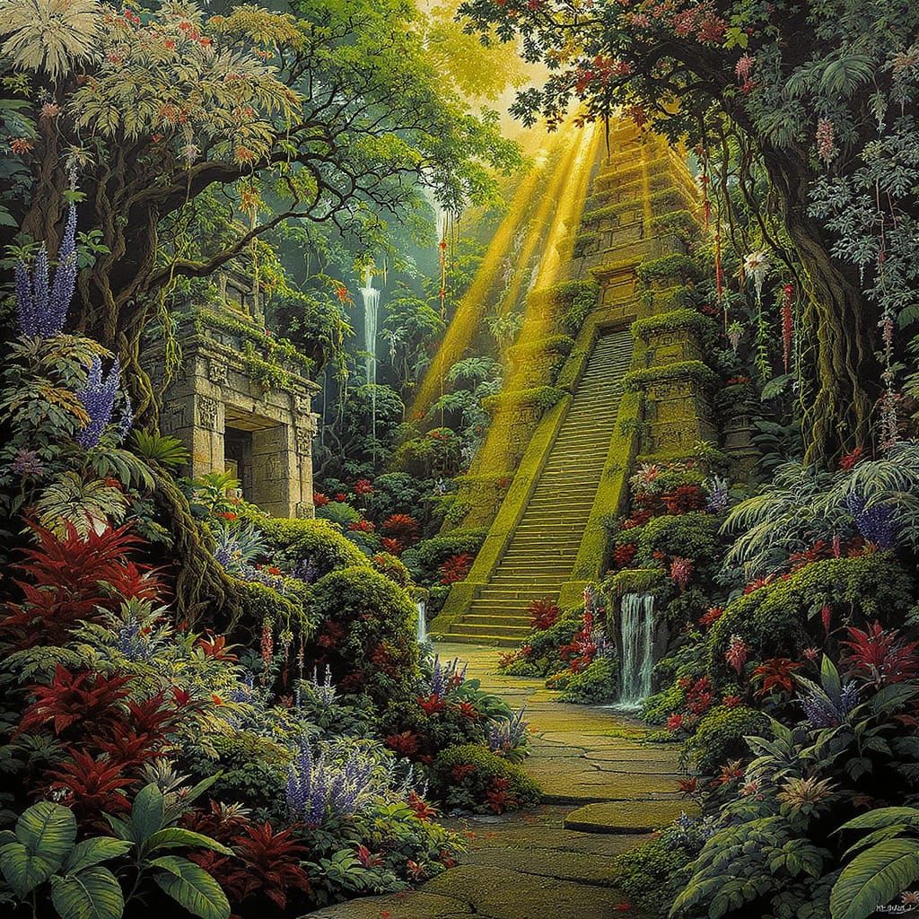 Overgrown Aztec Jungle Temple Tapestry in Fantasy Concept Ar...