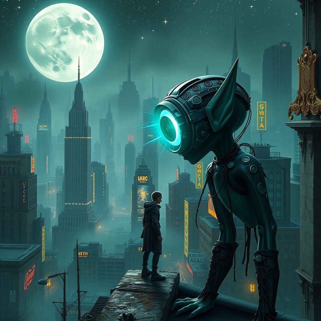 Cyberpunk Elf Surveys Barren Dystopian Metropolis