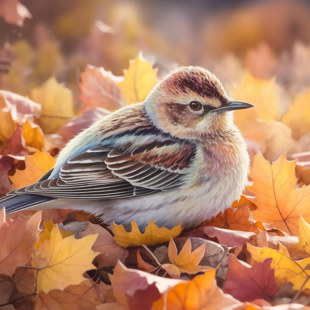 Watercolor Bird Amidst Golden Autumn Leaves