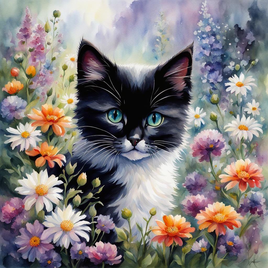 Black and White Kitten in Floral Watercolor