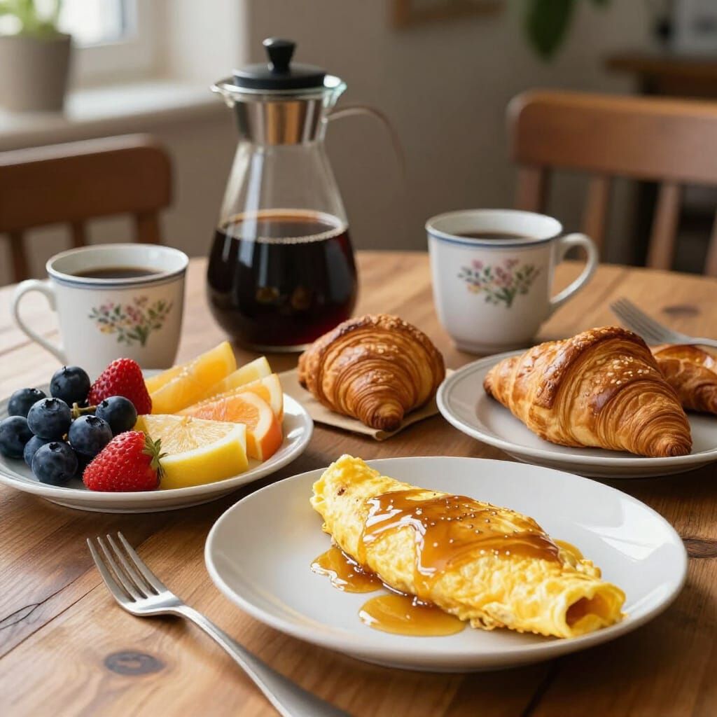 Photorealistic Morning Brunch Spread with Coffee and Pastrie...
