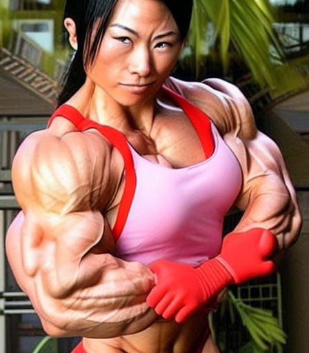 Muscular Japanese Female Bodybuilder Flexing