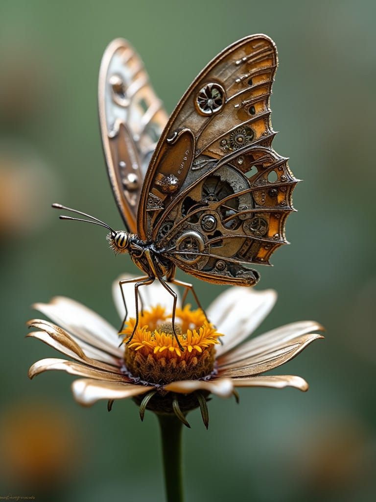 Clockwork Butterfly Perches on Gearflower
