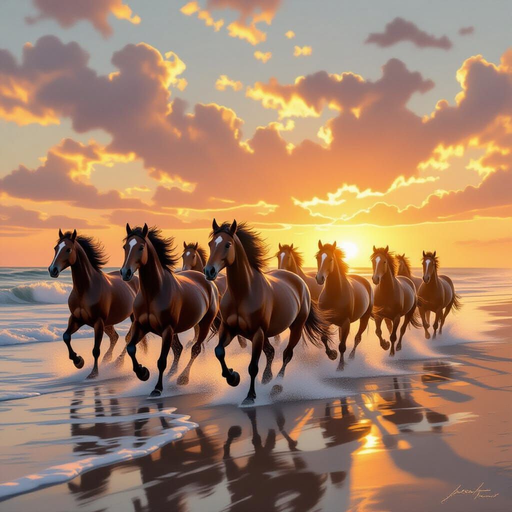 Wild Horses Gallop on Beach at Sunrise